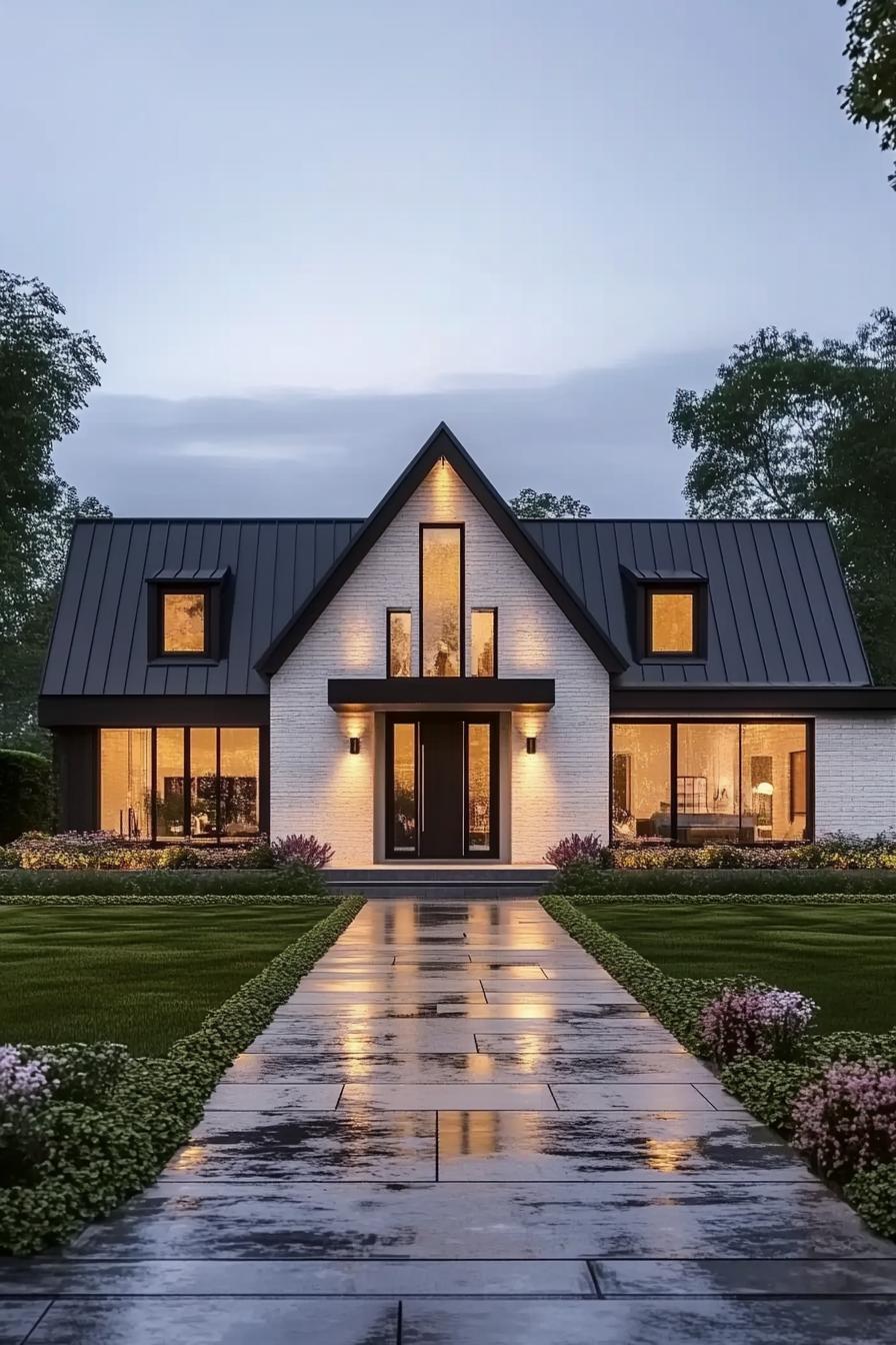 Modern one-story home with triangular roof and glowing windows