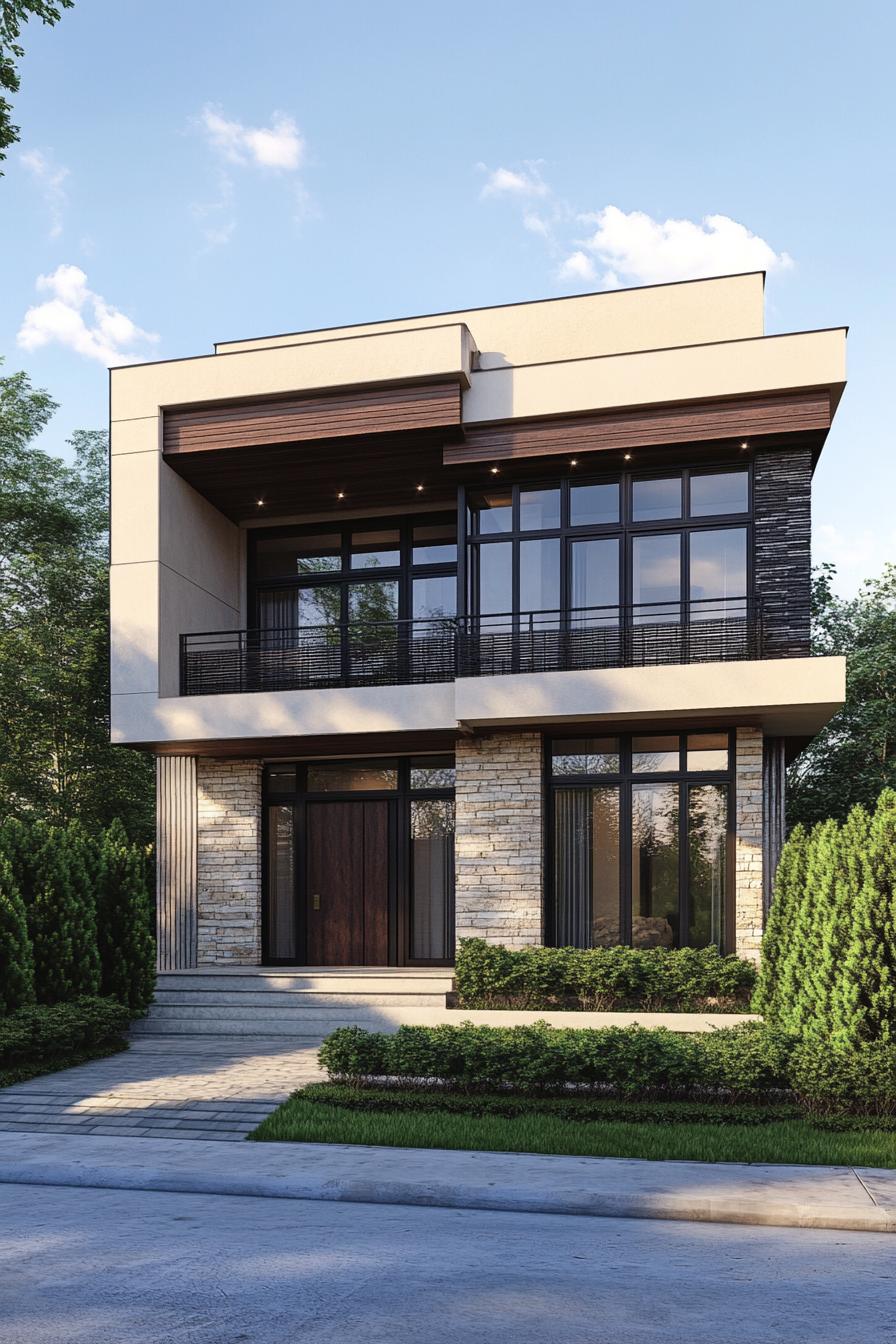 modern three story house with blocked geometric facade mixed siding with stucco and stone brick large windows eaves over balconies geometric front 1