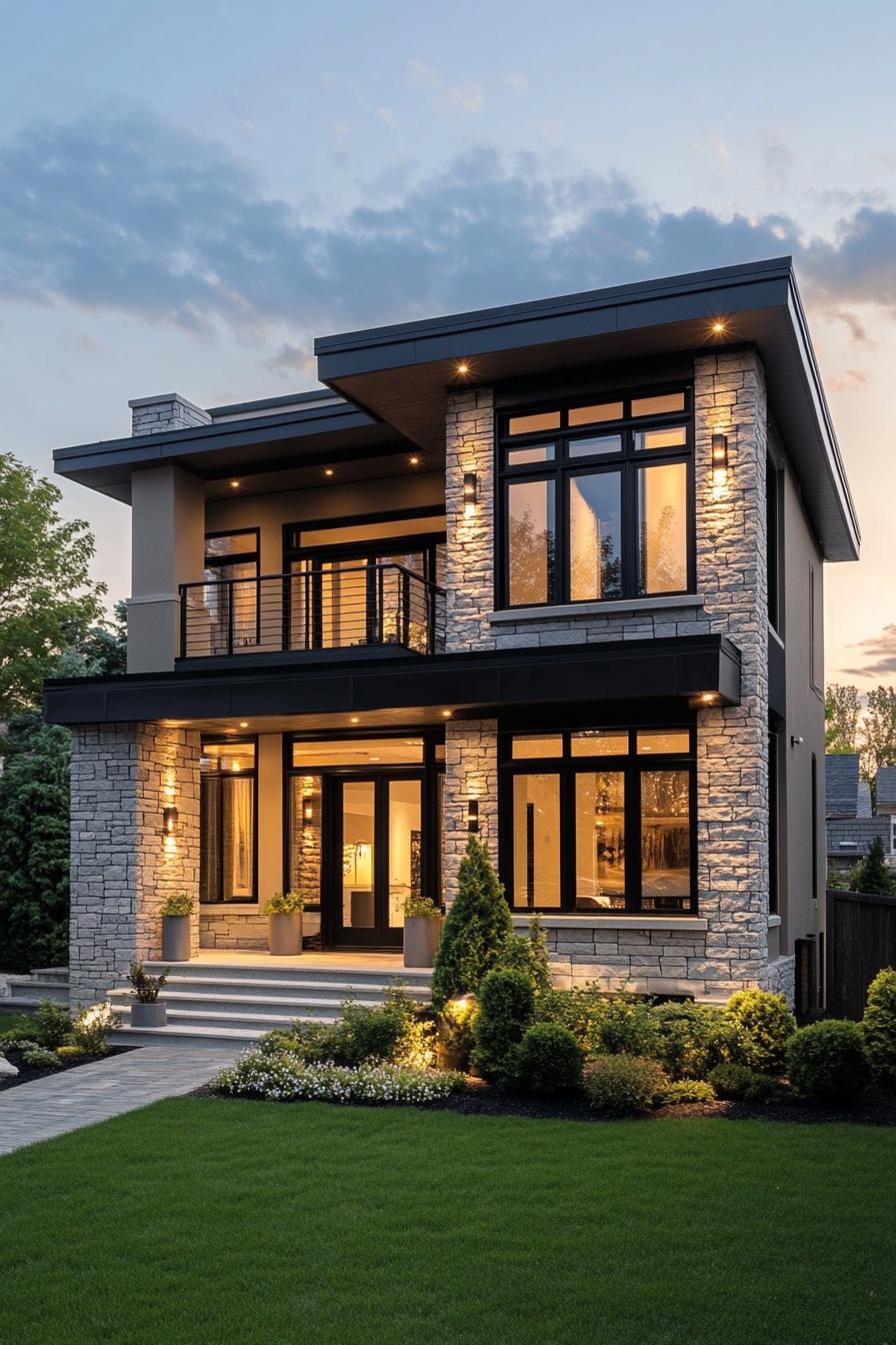 modern three story house with blocked geometric facade mixed siding with stucco and stone brick large windows eaves over balconies geometric front