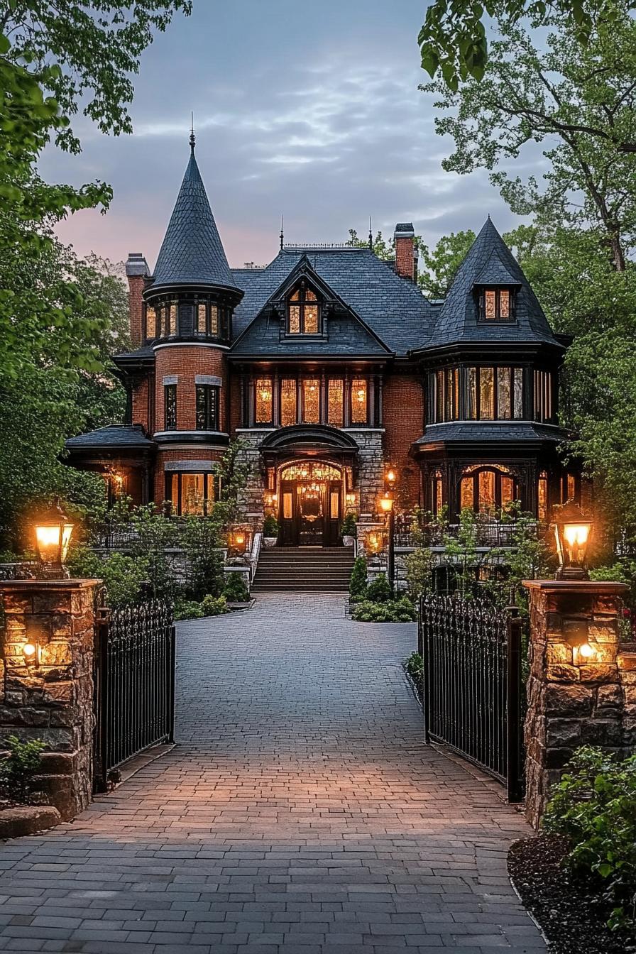 neo Victorian mansion with tall turrets brick facade black roof wide driveway stone fences garden lamps dusk scene v 6.1 1