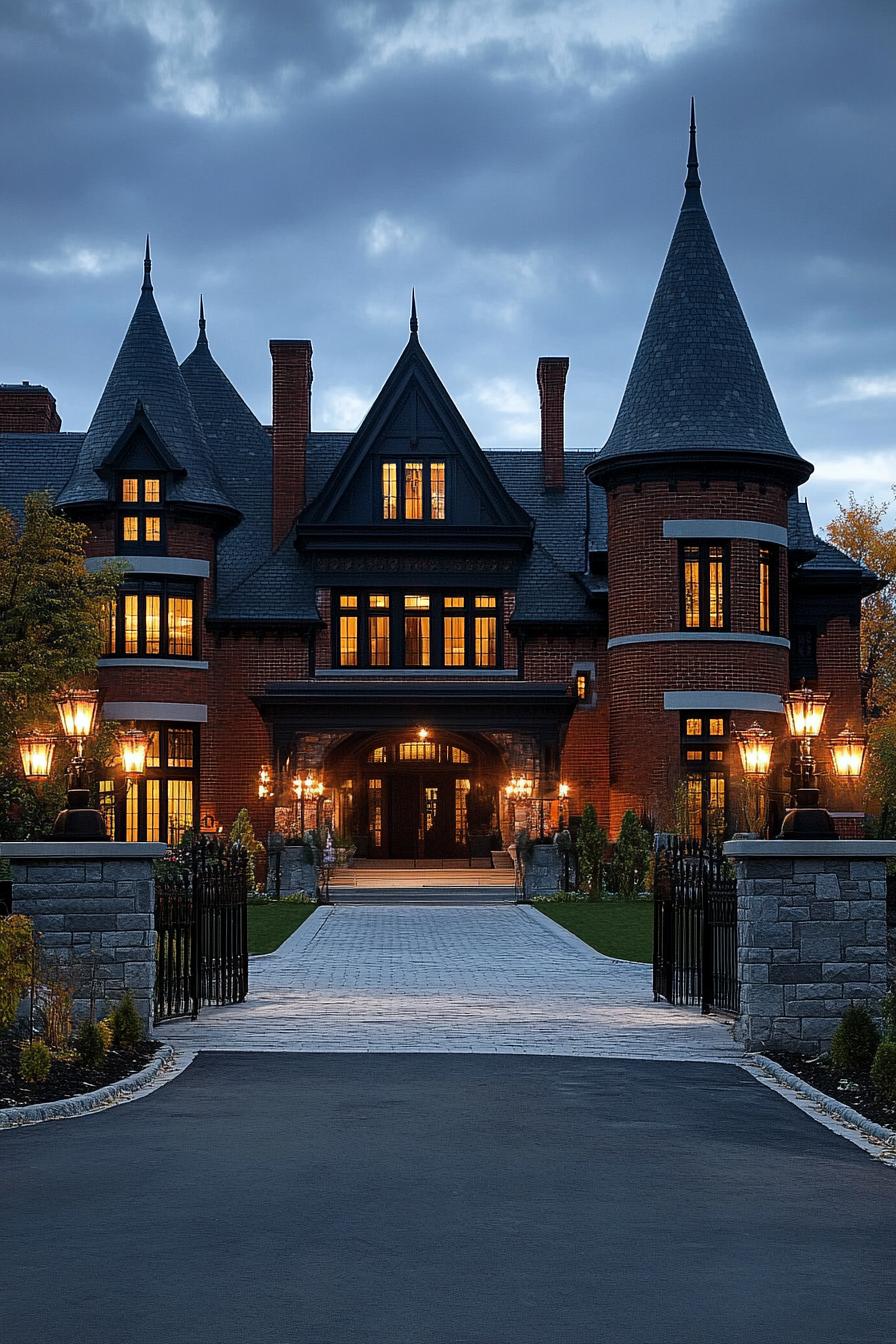 neo Victorian mansion with tall turrets brick facade black roof wide driveway stone fences garden lamps dusk scene v 6.1 2