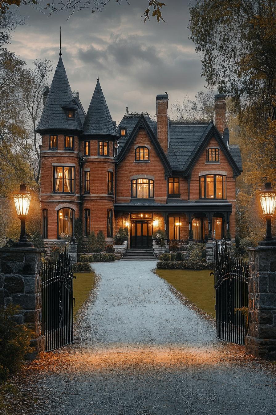 neo Victorian mansion with tall turrets brick facade black roof wide driveway stone fences garden lamps dusk scene v 6.1