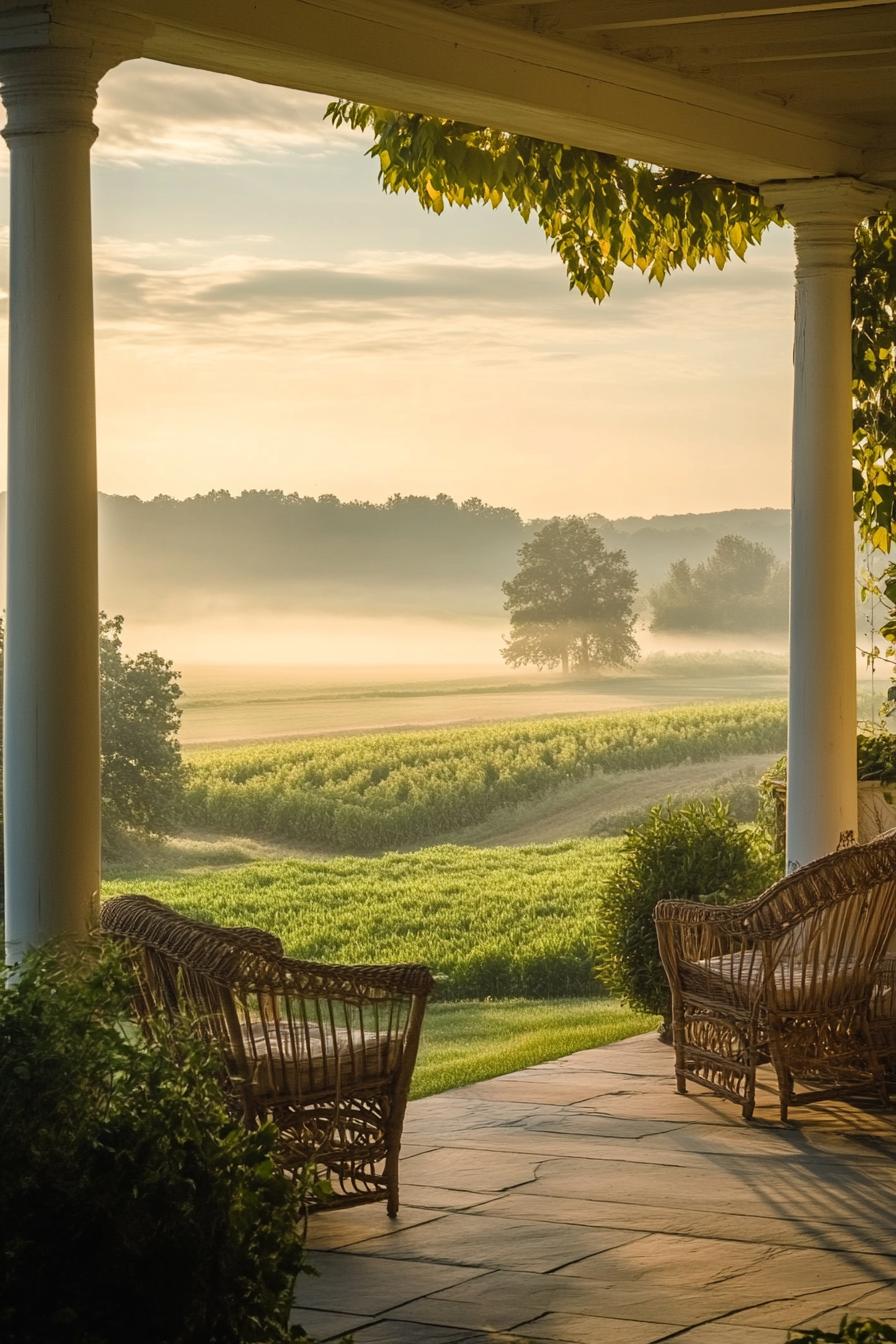 porch of a countryhouse beam columns outdoor chairs overlooking stunning farmfields during a misty sunrise