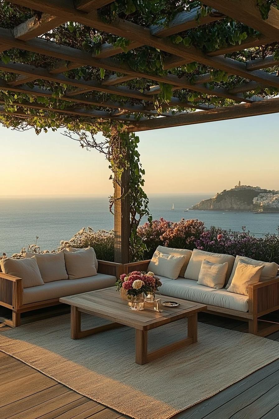 rooftop terrace with wooden pergola with vines cushioned furniture wooden deck area rug modernist coffee table flower planters sea view 1