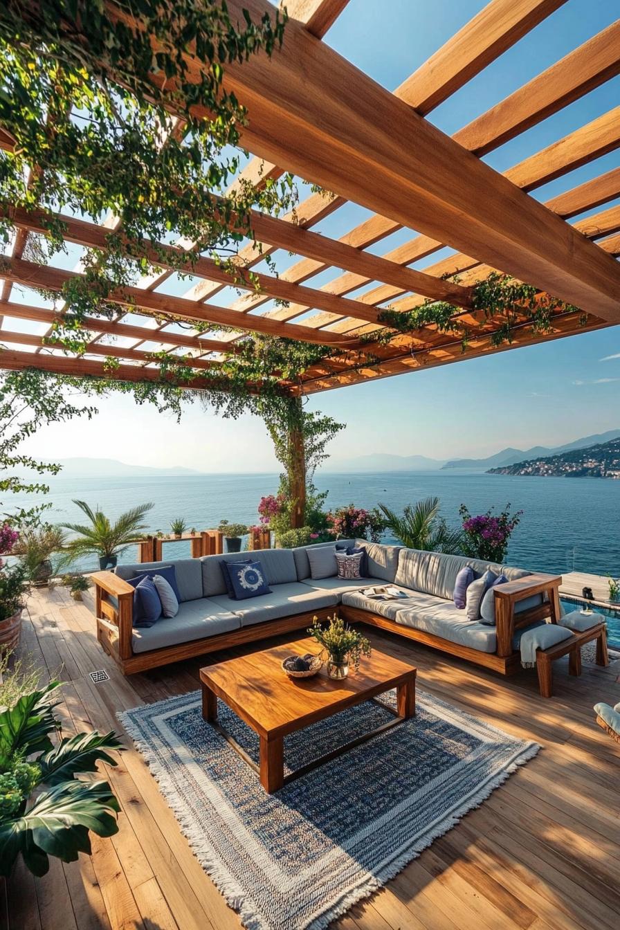 rooftop terrace with wooden pergola with vines cushioned furniture wooden deck area rug modernist coffee table flower planters sea view 2