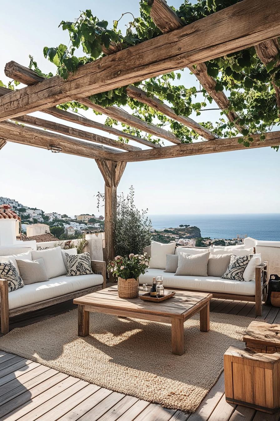 rooftop terrace with wooden pergola with vines cushioned furniture wooden deck area rug modernist coffee table flower planters sea view