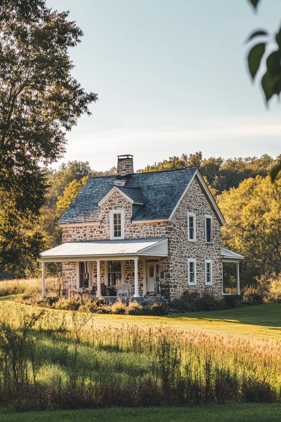 single tory village house with gabled roof and stone facade large porch farmland with trees landscape 1