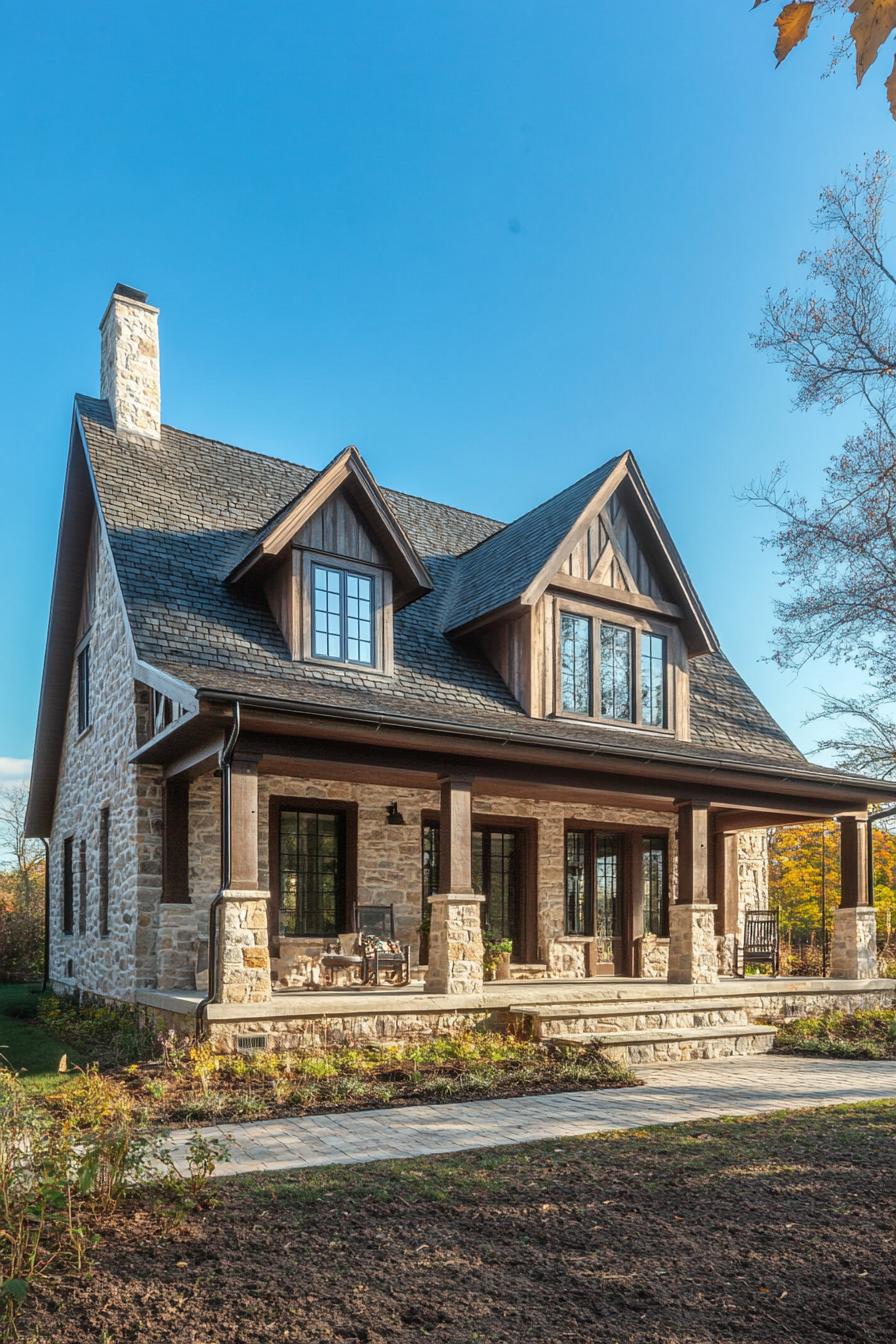 single tory village house with gabled roof and stone facade large porch farmland with trees landscape