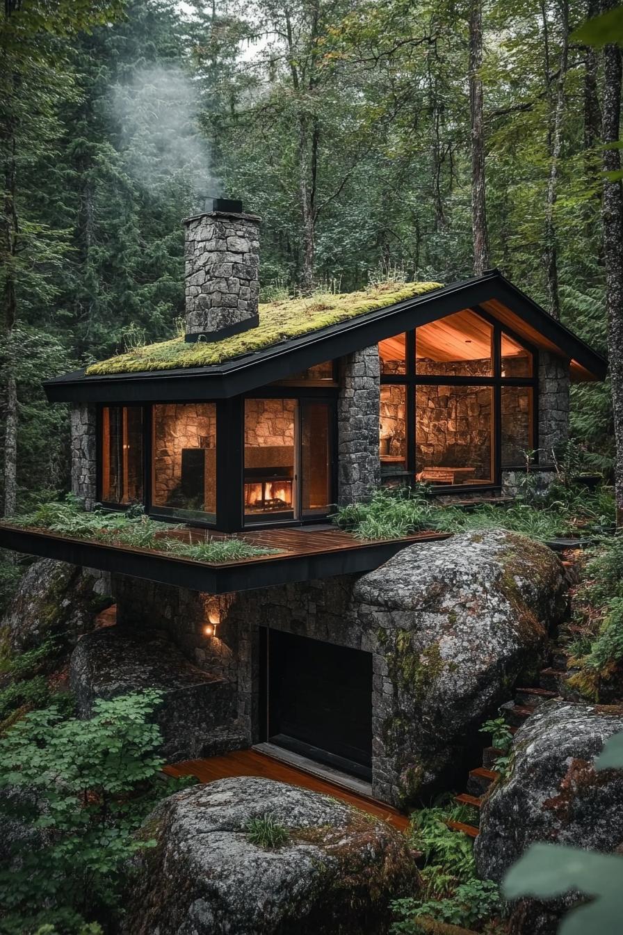 Glass-walled cabin with mossy roof in forest