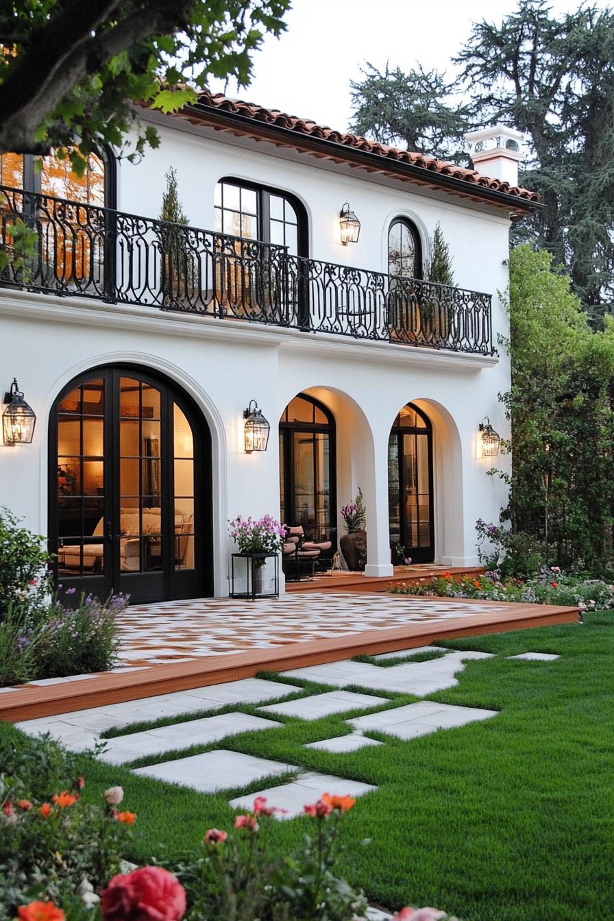 small modern white spanish house with arched modern windows balcony with iron railings and ornate braces small wooden deck under the balcony grass 1