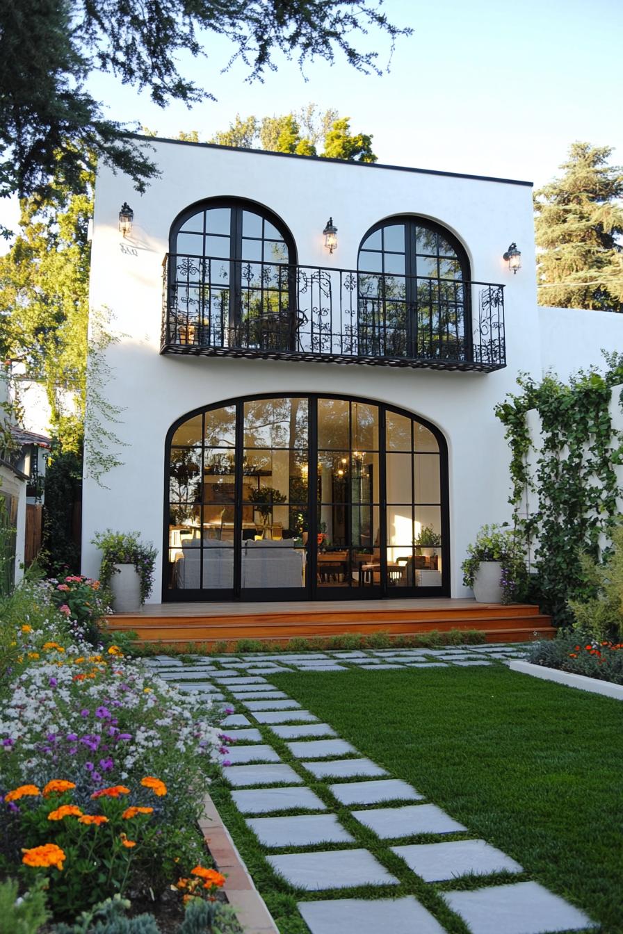 small modern white spanish house with arched modern windows balcony with iron railings and ornate braces small wooden deck under the balcony grass 2