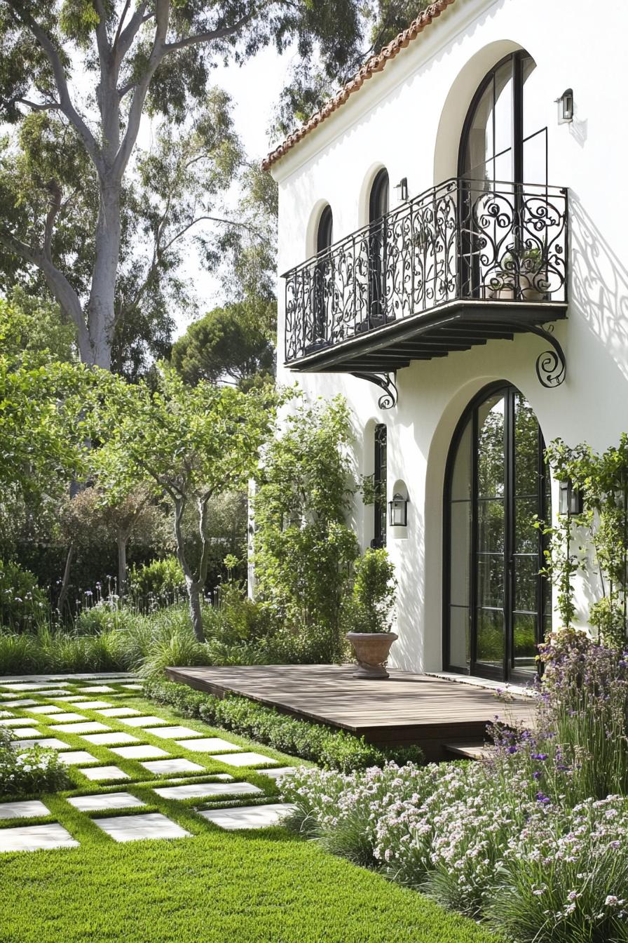 small modern white spanish house with arched modern windows balcony with iron railings and ornate braces small wooden deck under the balcony grass