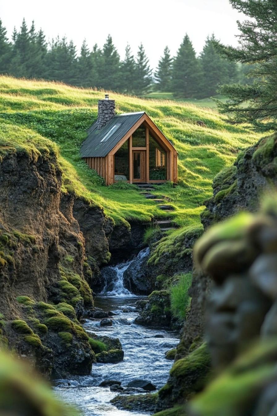 A small wooden cabin nestled by a bubbling stream in a lush landscape