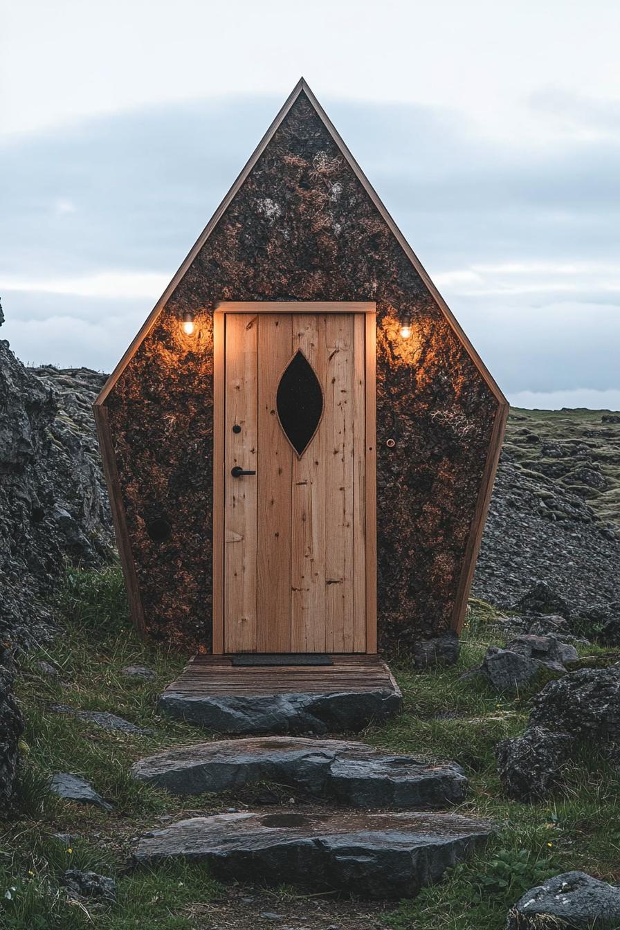 Cozy triangular cabin against a rocky backdrop