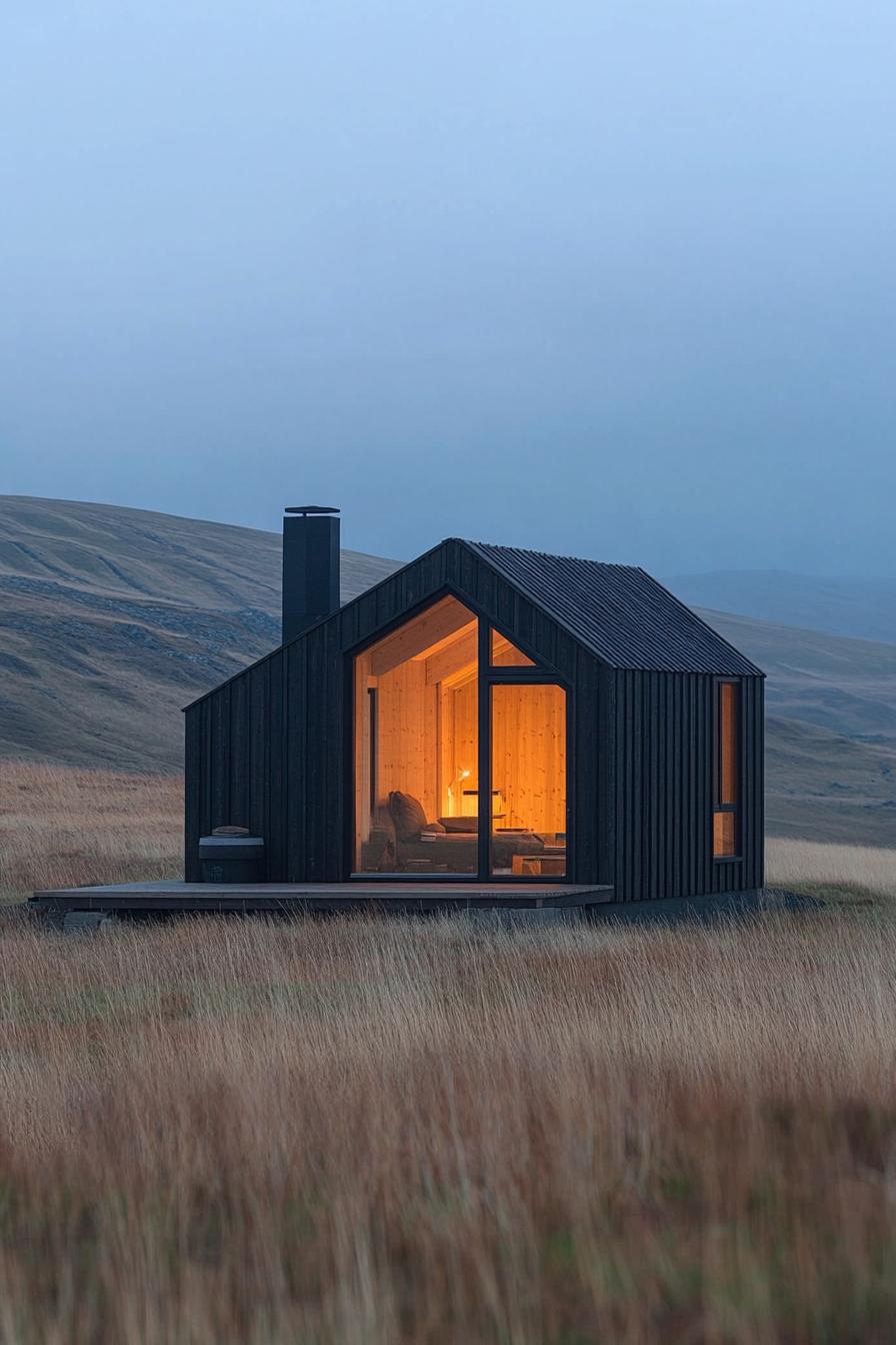 A cozy cabin glowing warmly in a field