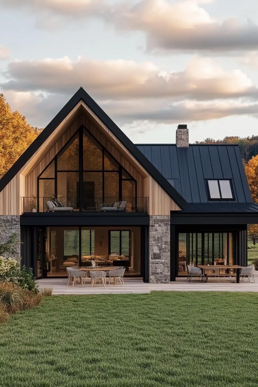 Modern A-frame house with large windows and patio