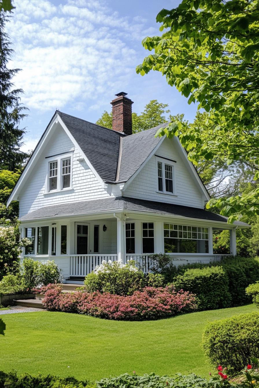 white cottage house with multi pitched roof modern and bay windows front yard with shrubs v 6.1