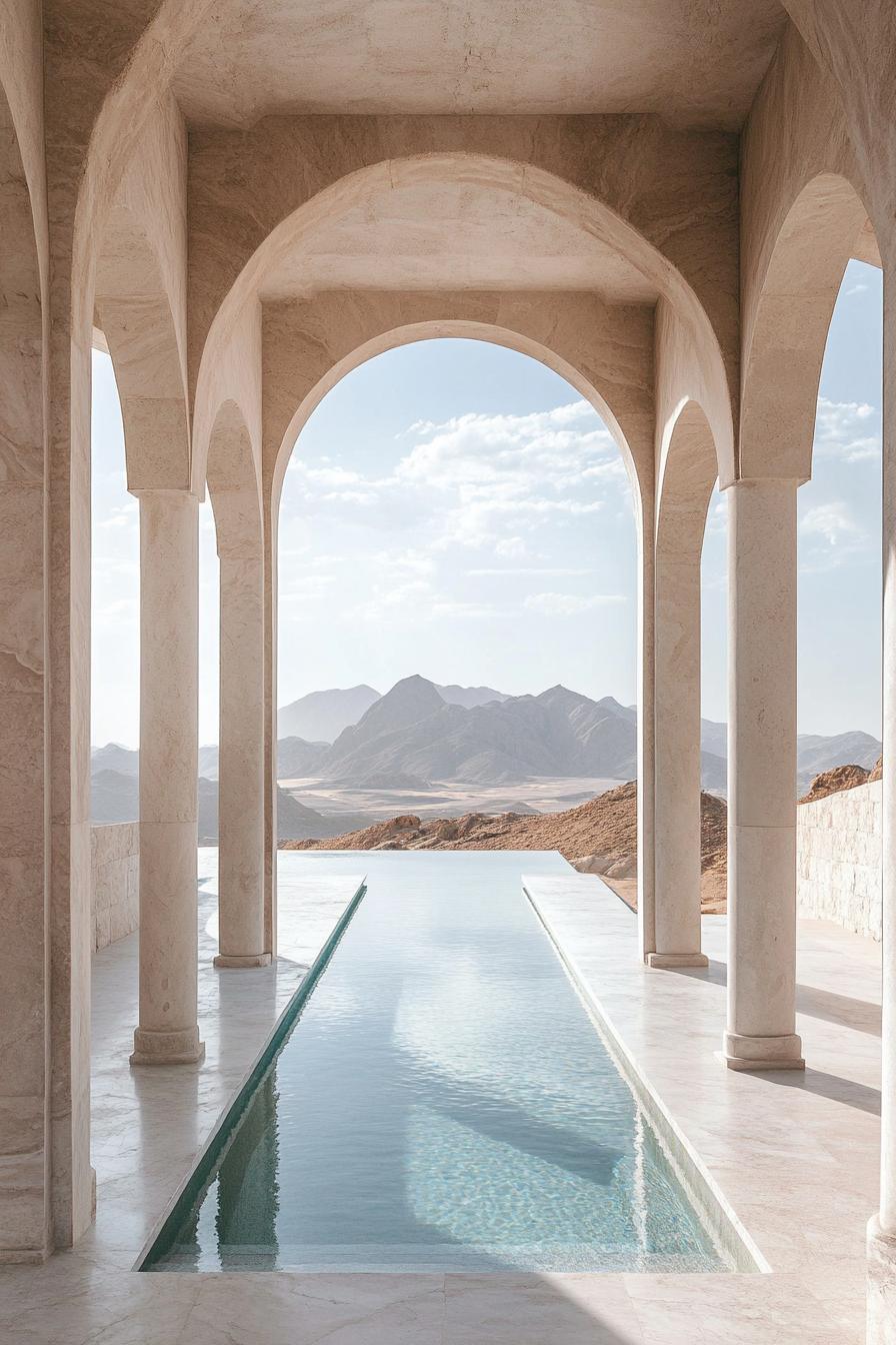 white marble oasis in a desert with tall arches and columns pool in the middle stunning desert and sea views 1