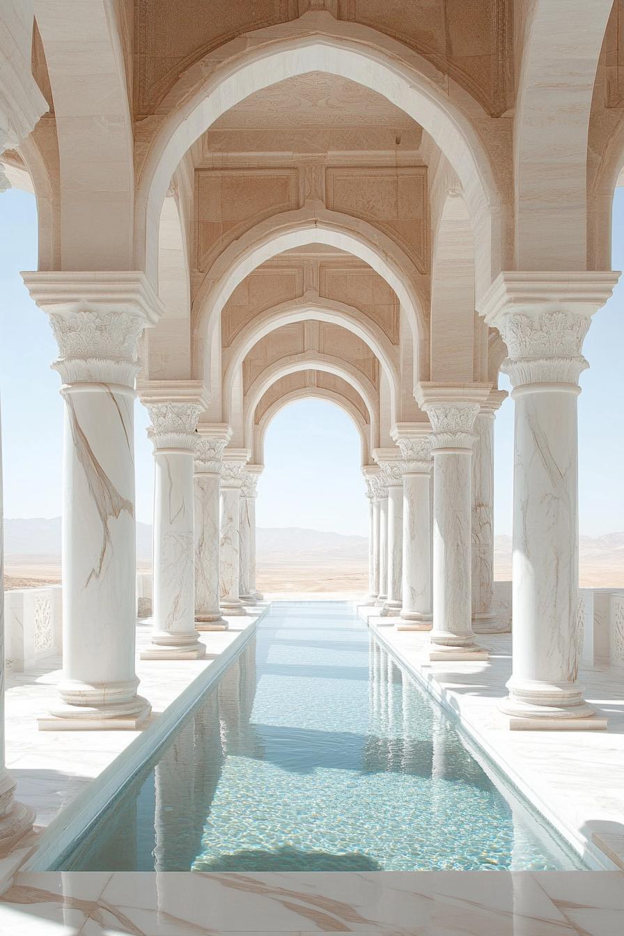 white marble oasis in a desert with tall arches and columns pool in the middle stunning desert and sea views 2