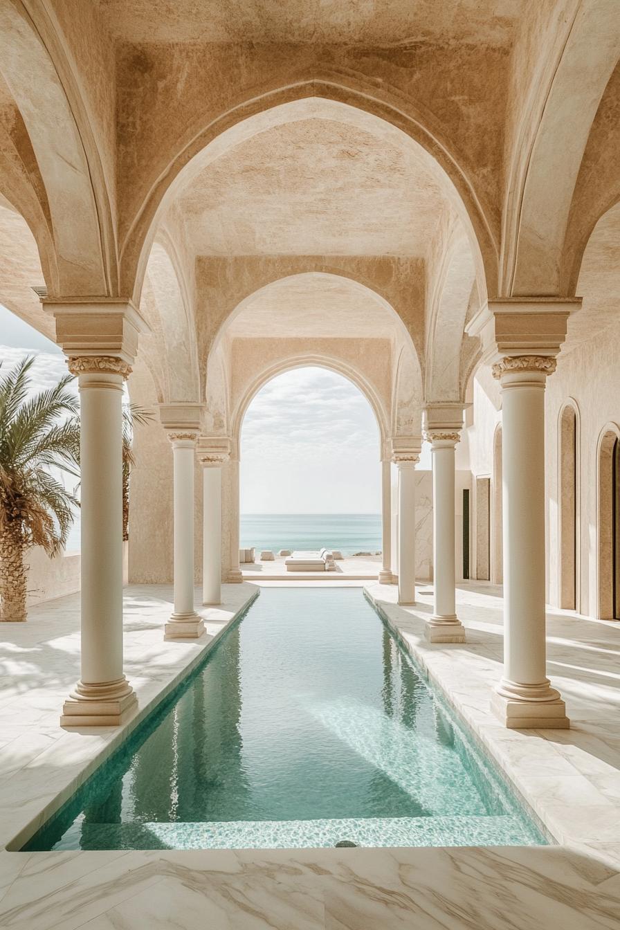 white marble oasis in a desert with tall arches and columns pool in the middle stunning desert and sea views