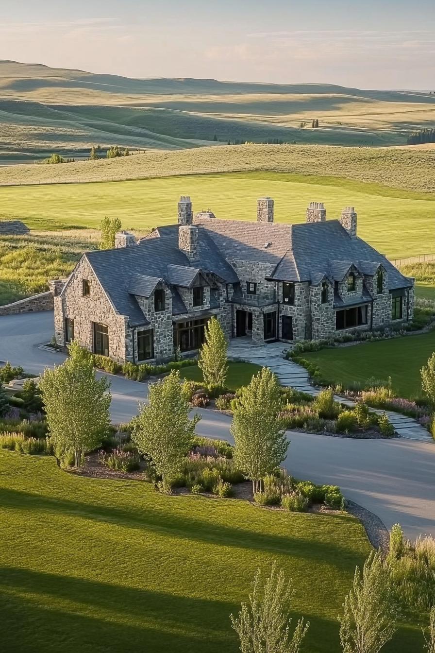 Large stone mansion with slate roof surrounded by green landscape