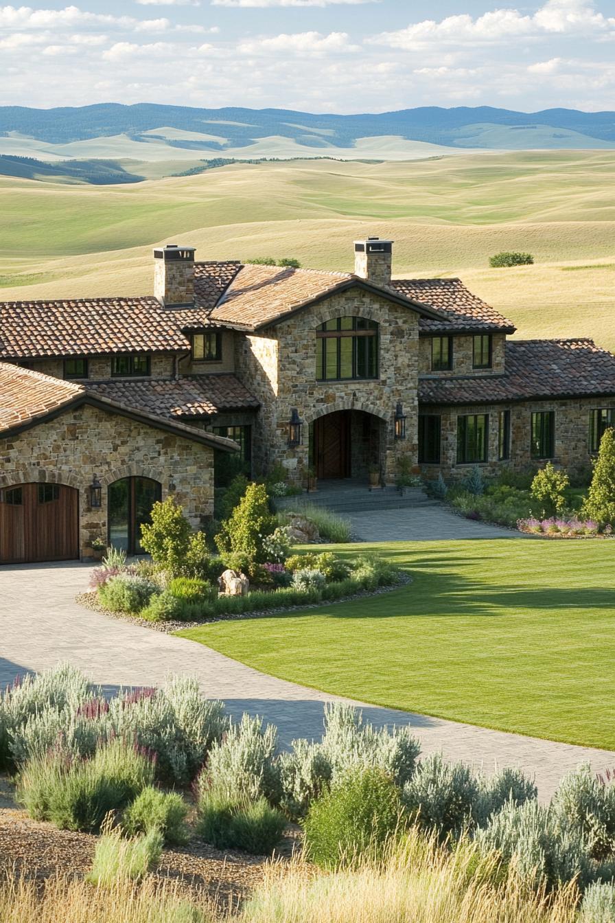 Rustic stone mansion with red-tiled roof in pastoral landscape