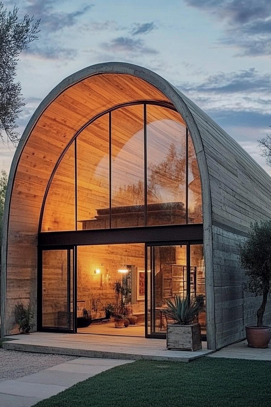 arch house with reclaimed wood siding full glass front 1