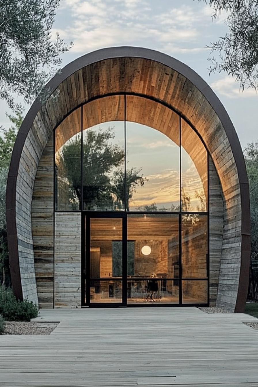 arch house with reclaimed wood siding full glass front