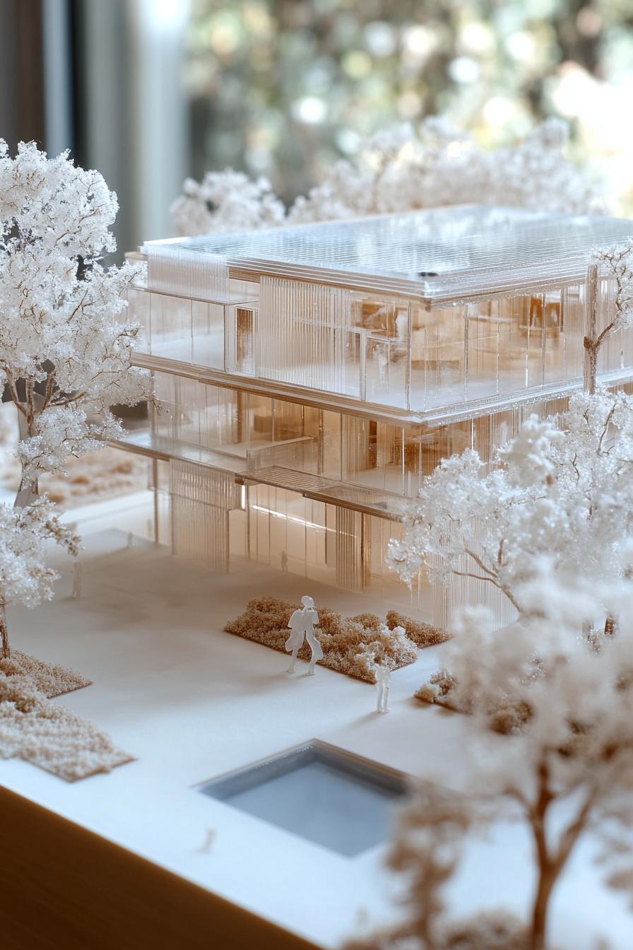 architecture model of a modern commercial building made of acrylic courtyard model with landscape