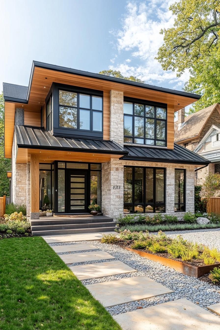 contemporary house exterior with stone mosaic and natural wood siding exposed beams multi pitch roof black metal roof large modern windows front 1