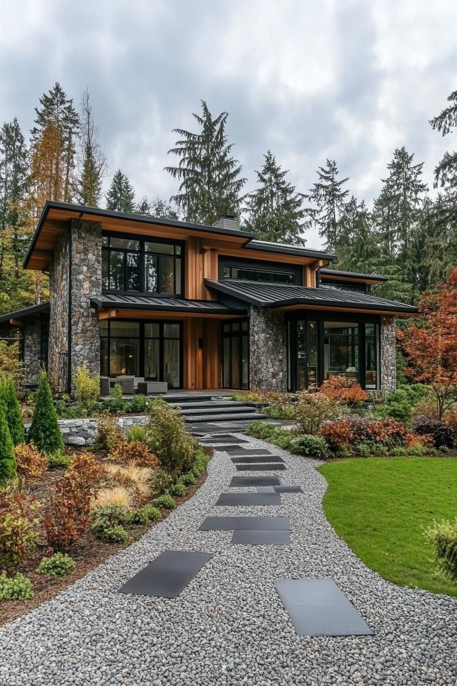 contemporary house exterior with stone mosaic and natural wood siding exposed beams multi pitch roof black metal roof large modern windows front 2