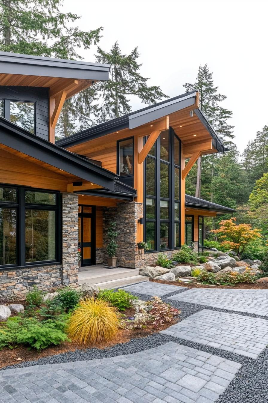 contemporary house exterior with stone mosaic and natural wood siding exposed beams multi pitch roof black metal roof large modern windows front 3