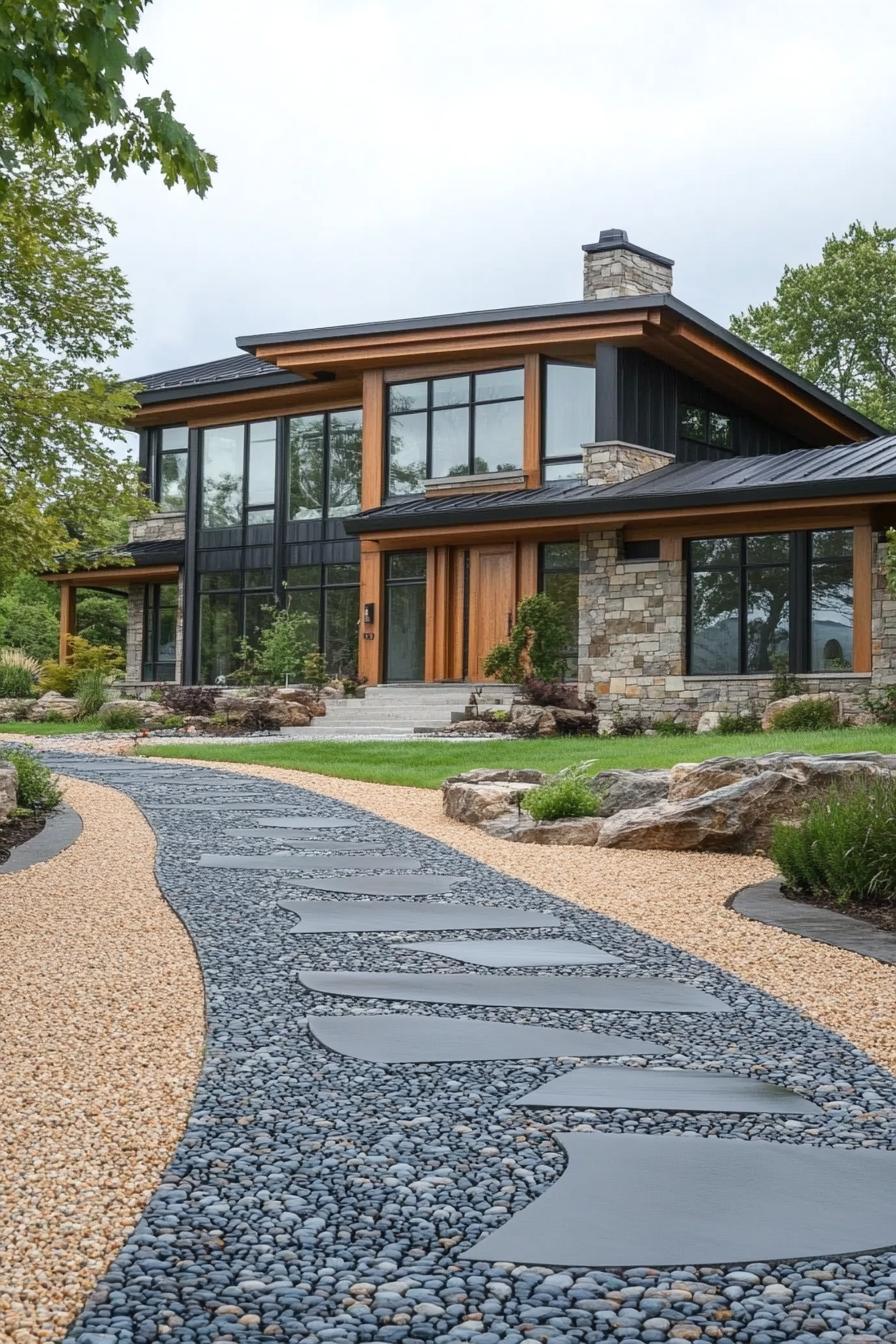 contemporary house exterior with stone mosaic and natural wood siding exposed beams multi pitch roof black metal roof large modern windows front