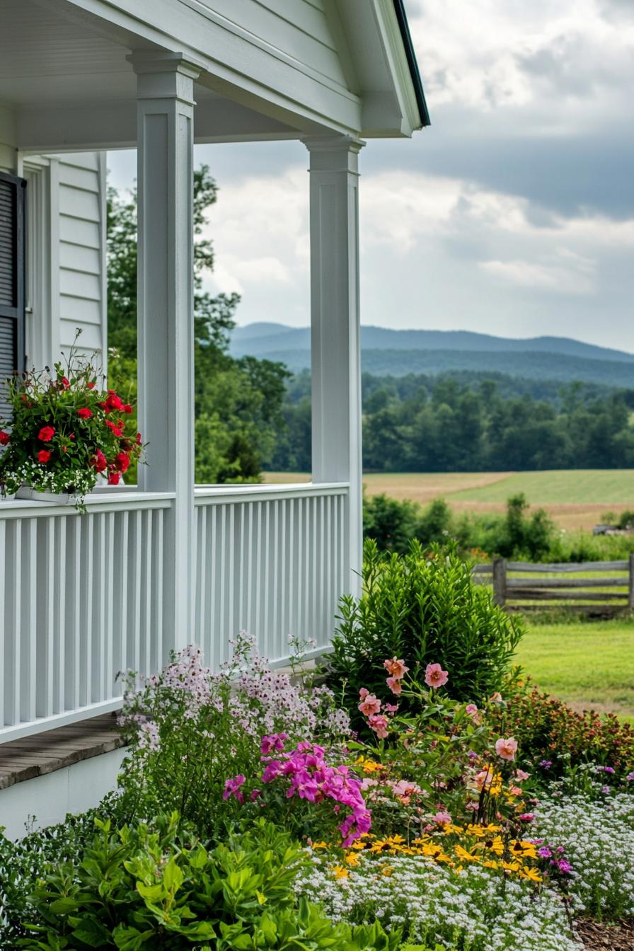 front porch of a white farmhouse overlooking picturesque farmlands and a flower garden with wooden fence 1