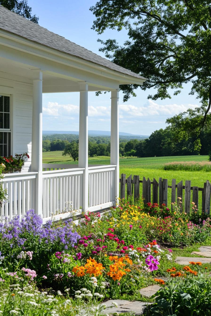 front porch of a white farmhouse overlooking picturesque farmlands and a flower garden with wooden fence 2