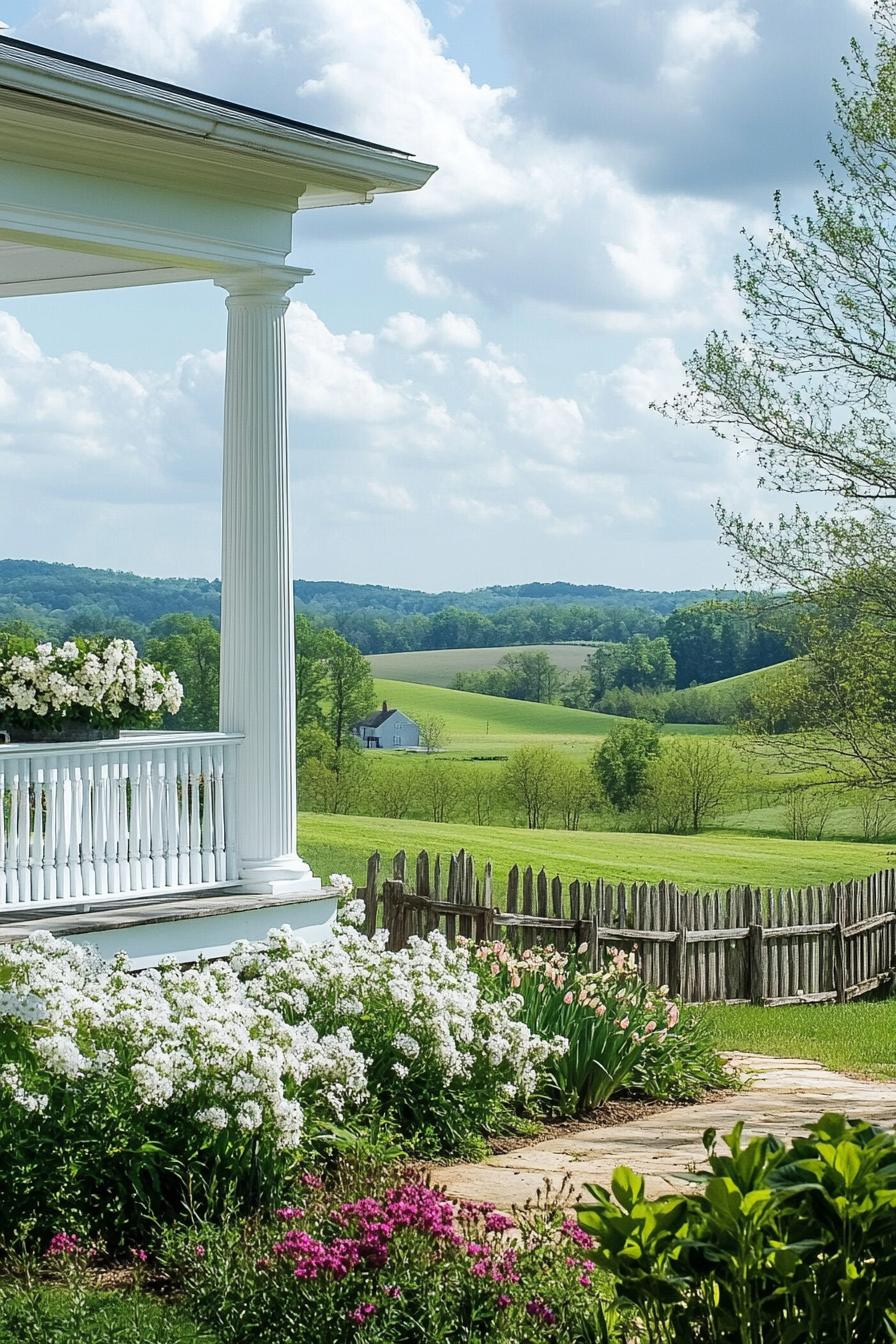 front porch of a white farmhouse overlooking picturesque farmlands and a flower garden with wooden fence