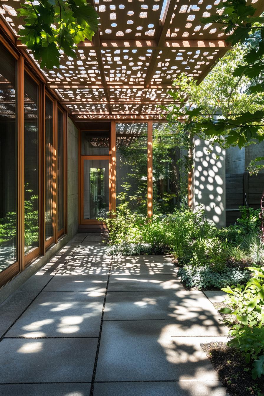 inner courtyard of a modern house with a large pattern pavillion filtering light shadows dropping on garden plants 1