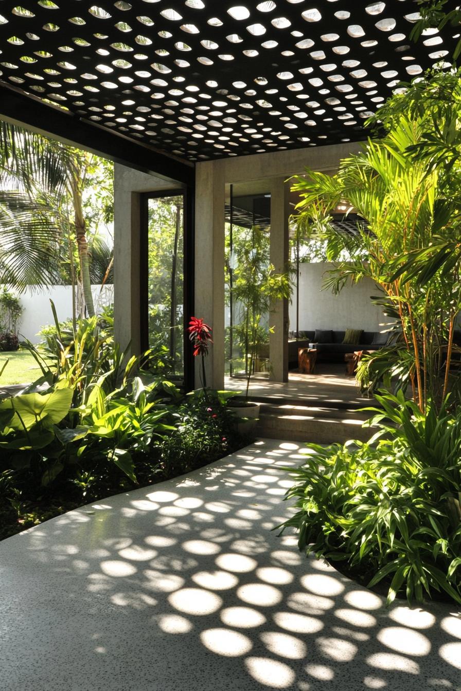 inner courtyard of a modern house with a large pattern pavillion filtering light shadows dropping on garden plants 2