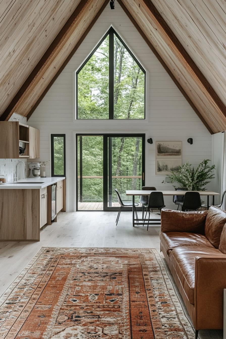 interior of a frame house with white shiplap walls natural wood door and window trim exposed wooden beams light hardwood floor with area rug