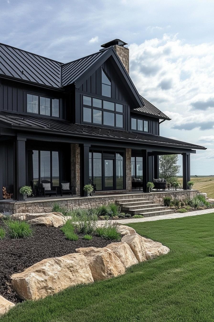 large modern black farmhouse with stone foundations black metal multi pitch roof porch with beam posts neat lawn landscaping 1