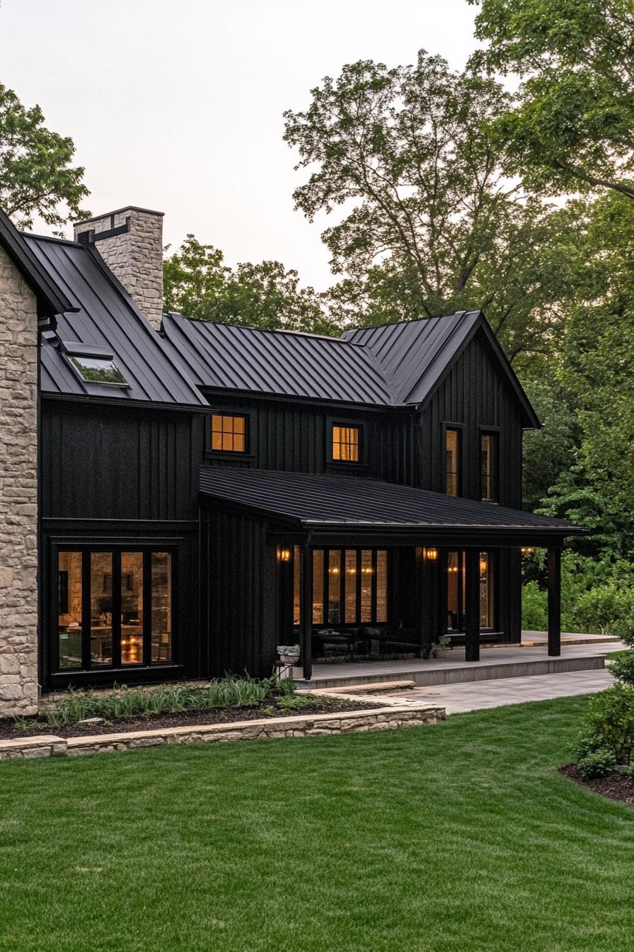 large modern black farmhouse with stone foundations black metal multi pitch roof porch with beam posts neat lawn landscaping