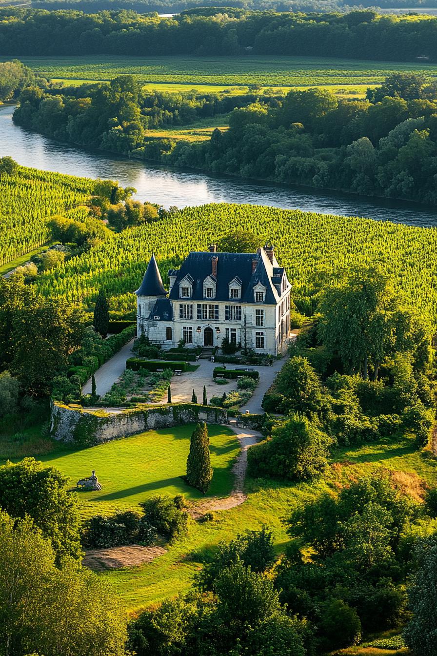 majestic French manor with gardens in green fields by a river aerial view