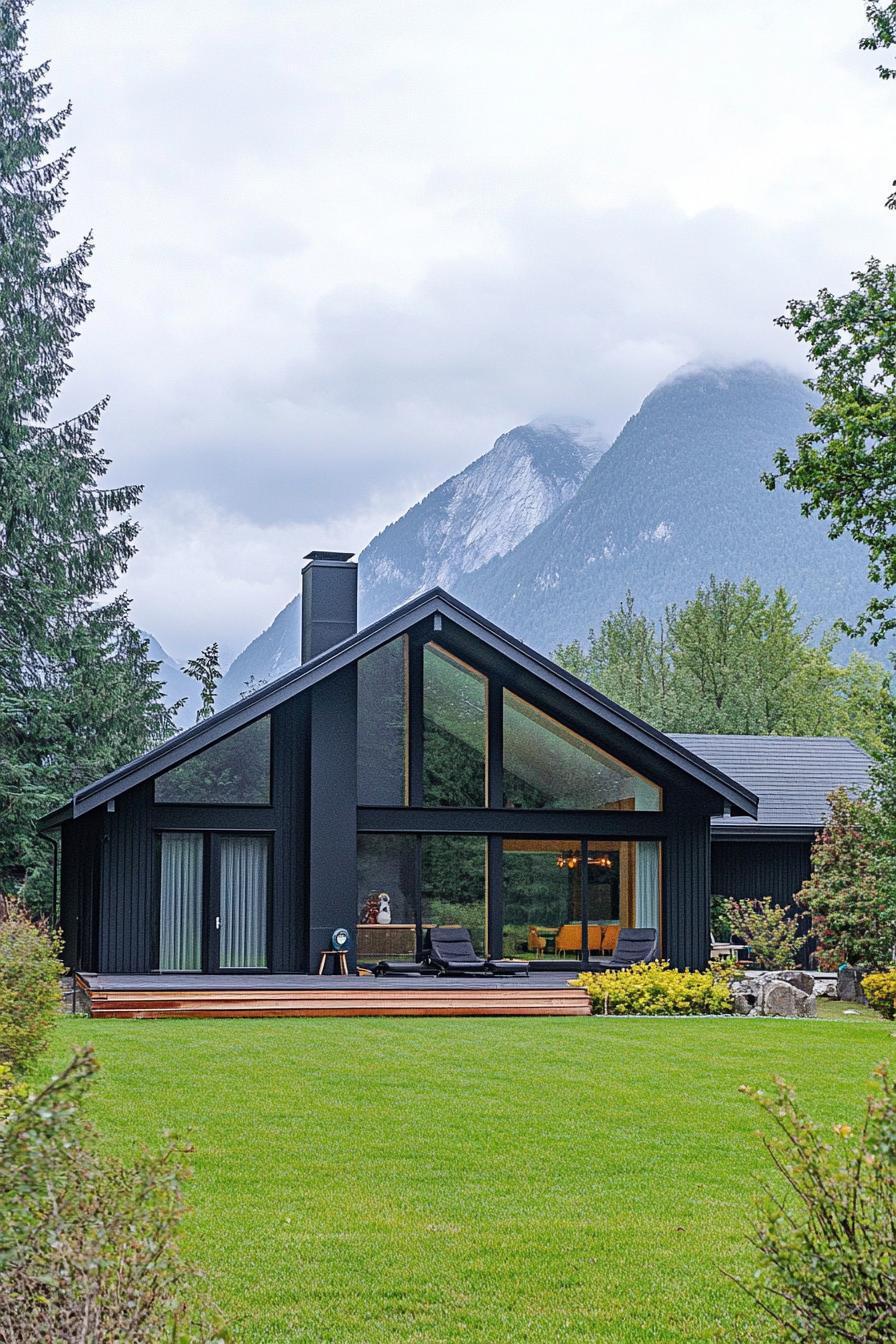 Sleek black Scandinavian house with a mountain backdrop