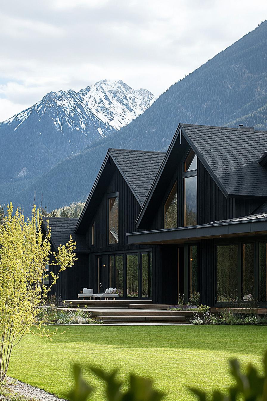 Chic black house with triangular roofs and mountains in the background