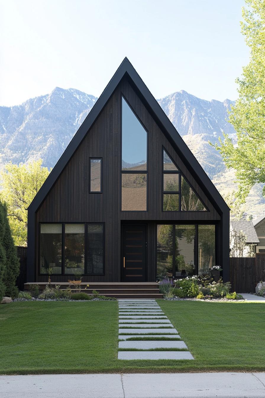 Black A-frame house with large windows and green lawn