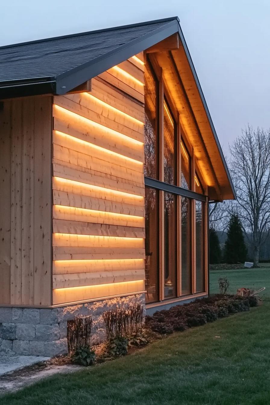 Warm wood façade illuminated with integrated lighting