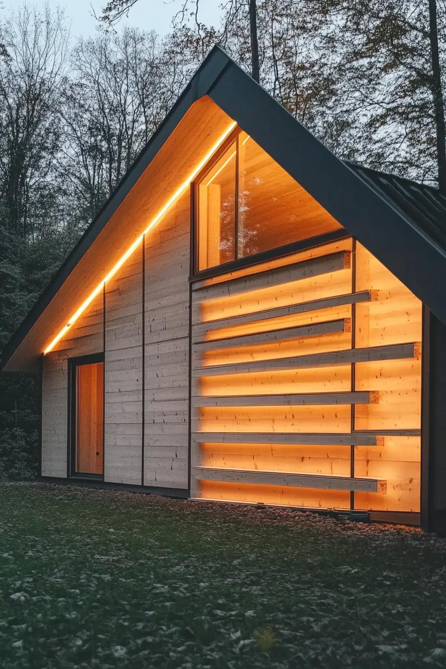 Warmly lit wood cabin with angular design