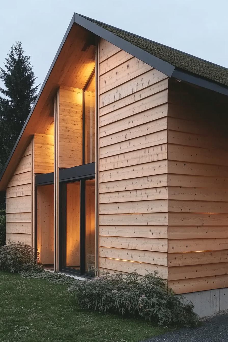 Warmly lit wooden cabin with a sloped roof