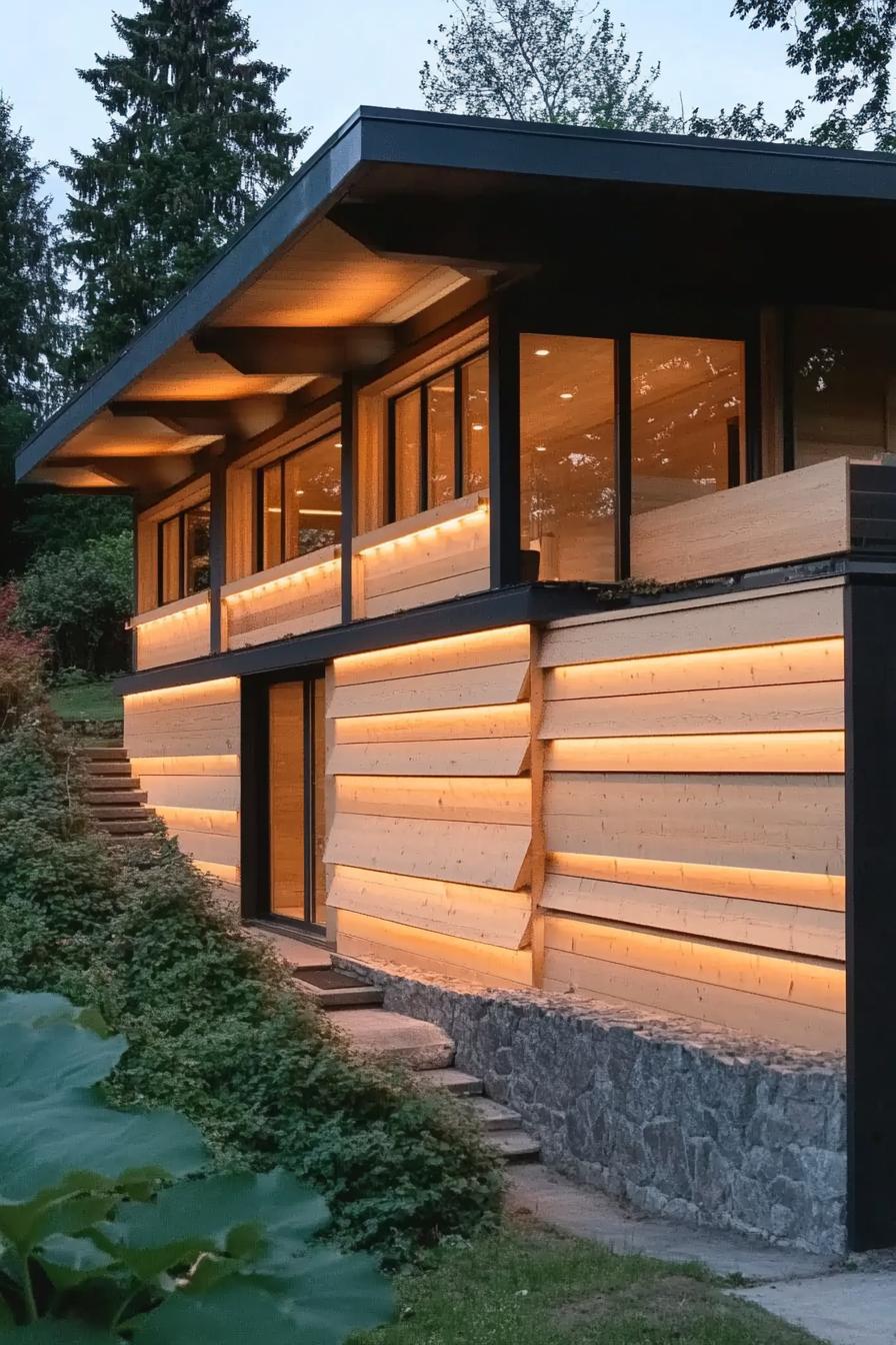 Modern house with illuminated wood facade