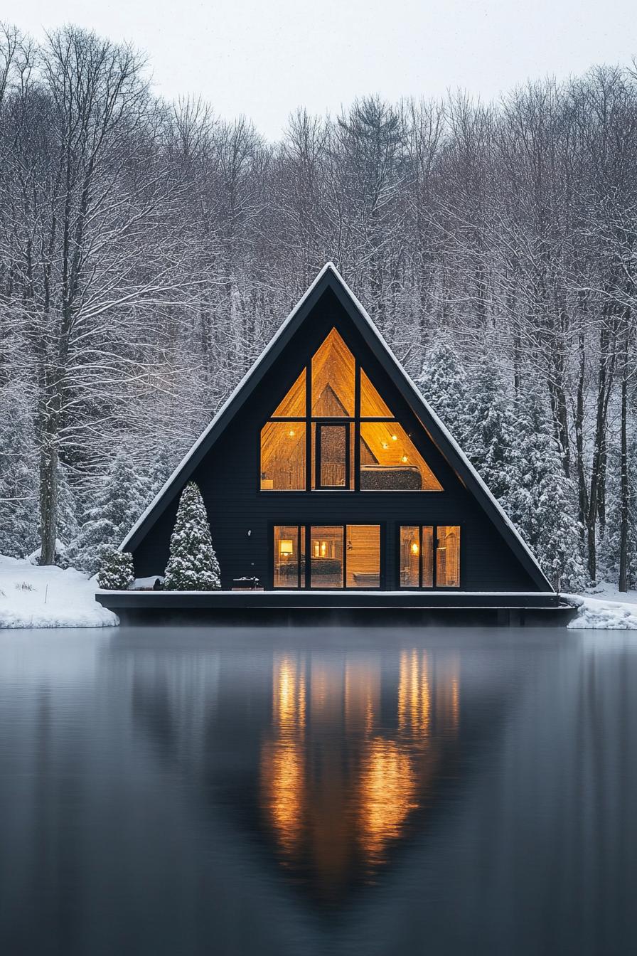 modern black a frame cabin in winter sunset mist above the lake with a golden glow from the sunset surrounding trees covered in white snow 1